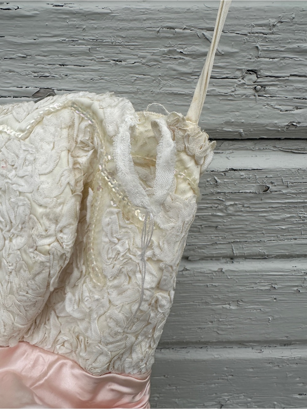Vintage Ivory Lace Bodice Strapless Dress with Pink Satin Waist - Picture 4 of 10